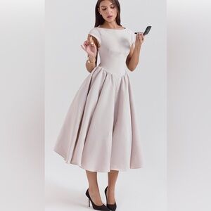 FRENCH DOVE MOIRE SATIN BACKLESS MIDI DRESS